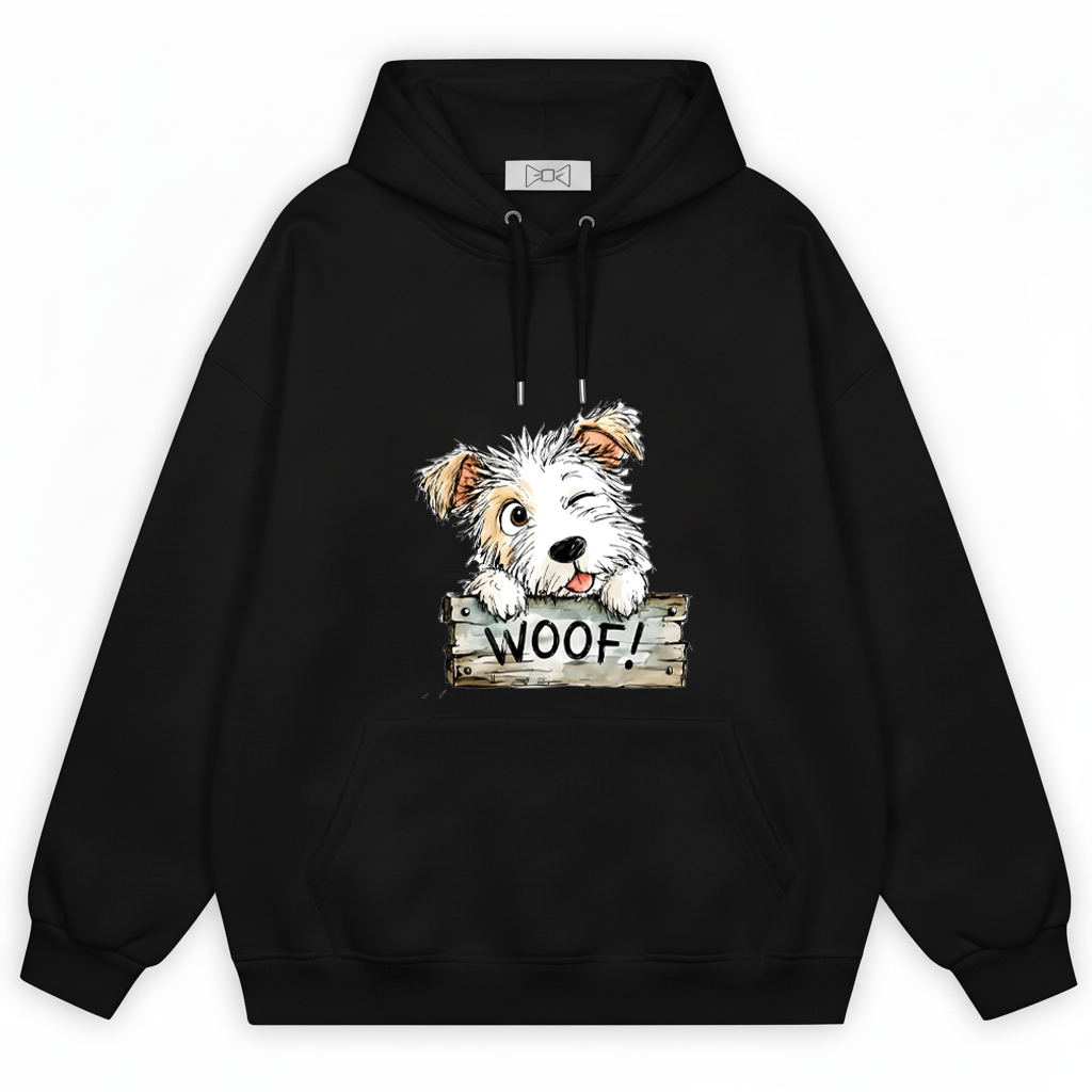"Woof!" Cute Fluffy Puppy Watercolor Graphic Hoodie H1129