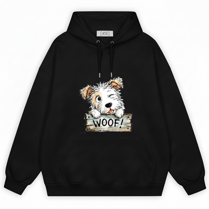 "Woof!" Cute Fluffy Puppy Watercolor Graphic Hoodie H1129