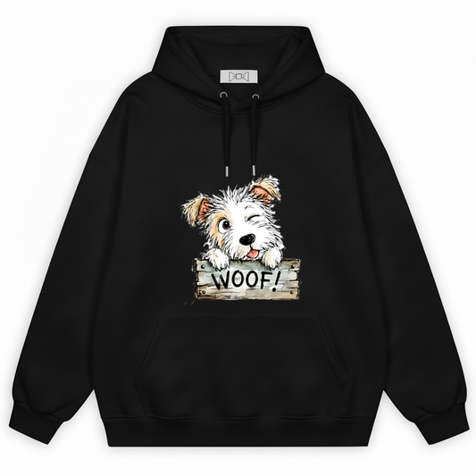 "Woof!" Cute Fluffy Puppy Watercolor Graphic Hoodie H1129