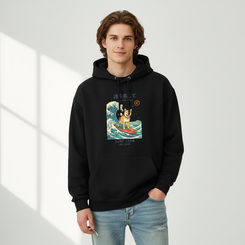 "Feel the Wave" Surfing Shiba Inu Japanese Graphic Hoodie H1136