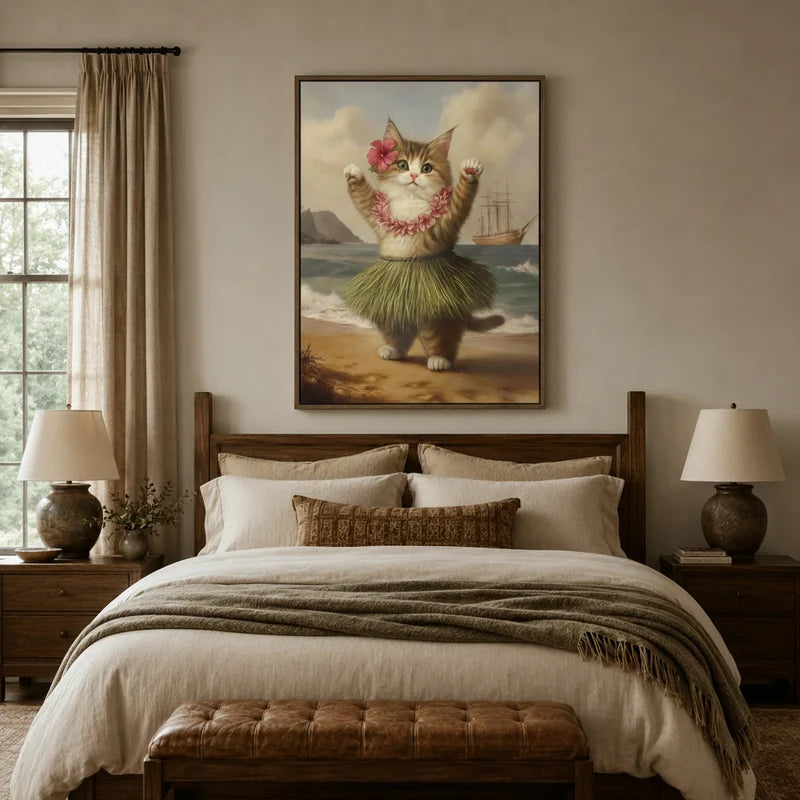 Vintage tropical cat canvas art hanging in a styled bedroom with soft warm tones