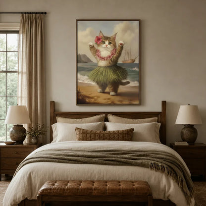 Vintage tropical cat canvas art hanging in a styled bedroom with soft warm tones