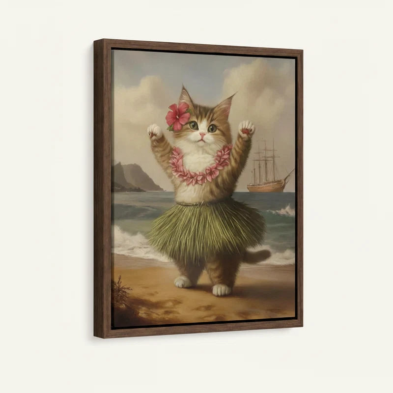 Framed canvas close-up of dancing hula cat in grass skirt with hibiscus and pink lei