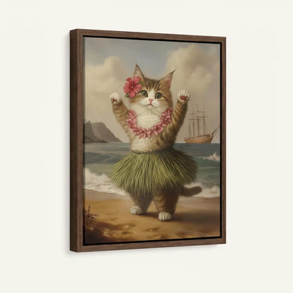 Framed canvas close-up of dancing hula cat in grass skirt with hibiscus and pink lei