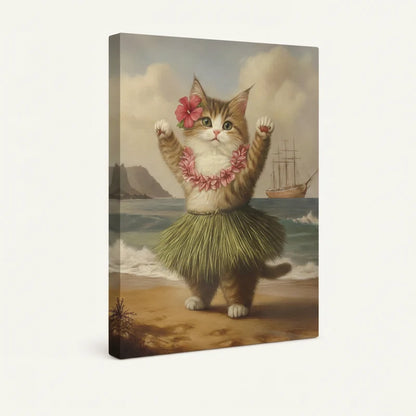 Gallery-wrapped canvas showing hula cat wall art with clean white border and side depth