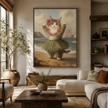 Whimsical hula cat wall art in a cozy living room with natural light and linen chair