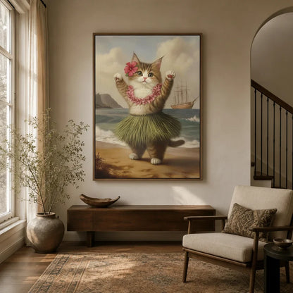 Hula cat canvas wall art displayed in a warm neutral entryway above a wooden console