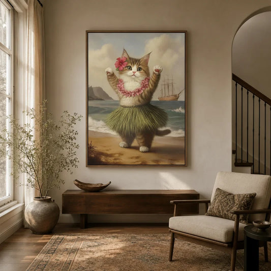 Hula cat canvas wall art displayed in a warm neutral entryway above a wooden console