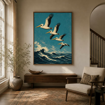 Vintage pelican canvas wall art in wood frame displayed above console table in warm neutral living room