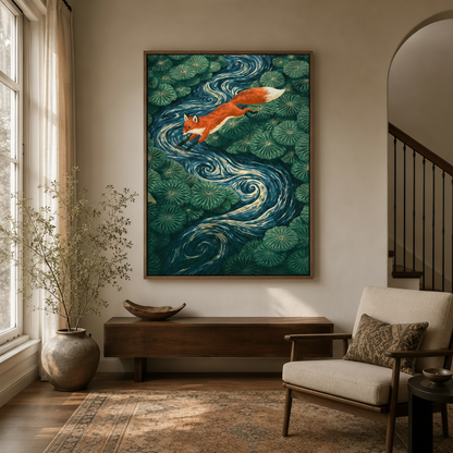 Fox canvas wall art displayed in a warm modern entryway with wood console and neutral tones