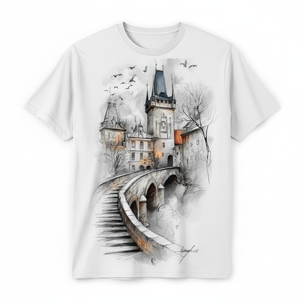 Prague Bridge Sketch Graphic T-Shirt T5057