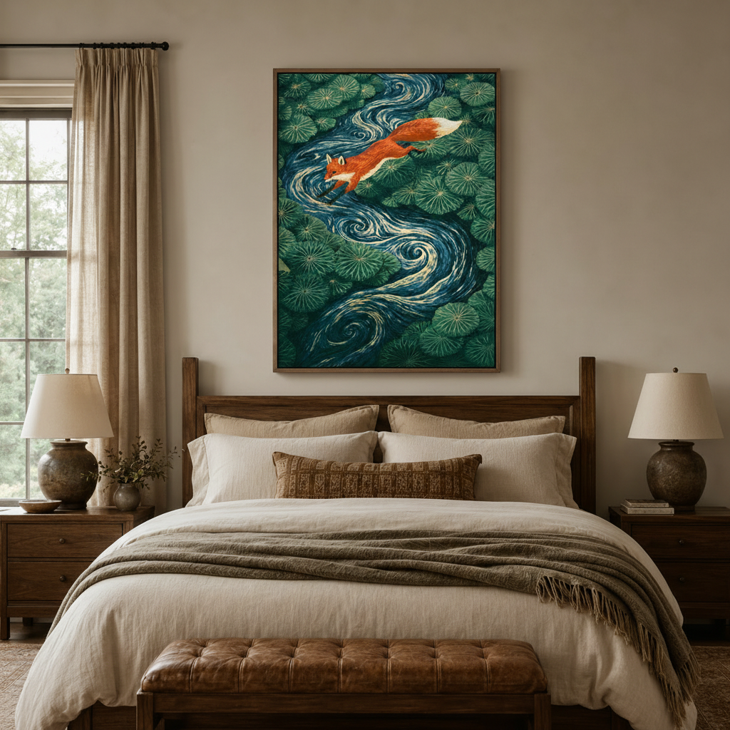 Folk art fox wall art above a rustic wood bed in a cozy neutral bedroom
