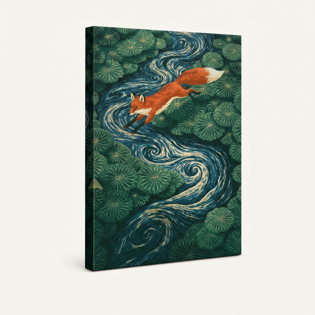 Gallery-wrapped fox canvas print side view showing deep teal swirling water and lily pad pattern