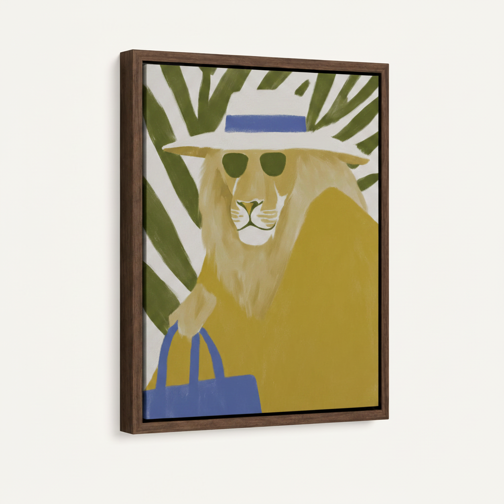 Framed lion canvas print angled view showing walnut frame and bold mustard yellow tropical design