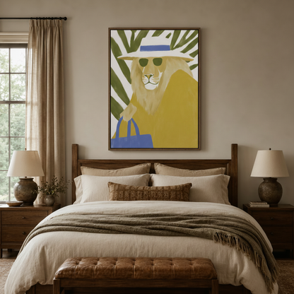 Tropical lion wall art above a rustic wood bed in a cozy neutral bedroom setting
