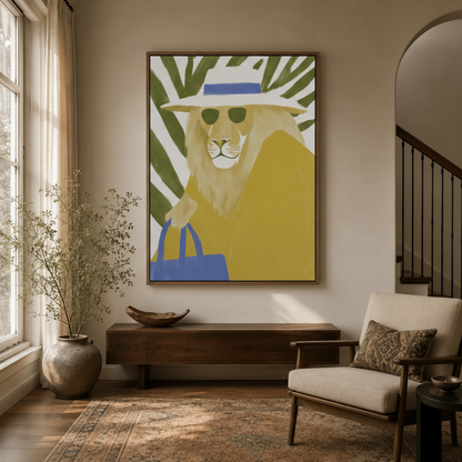 Framed preppy lion canvas wall art displayed above wood console in a warm neutral entryway