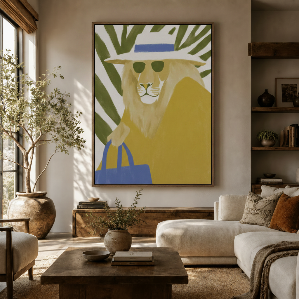 Whimsical lion in sunglasses and straw hat canvas print in a bright boho living room
