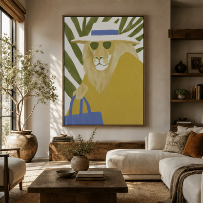 Whimsical lion in sunglasses and straw hat canvas print in a bright boho living room