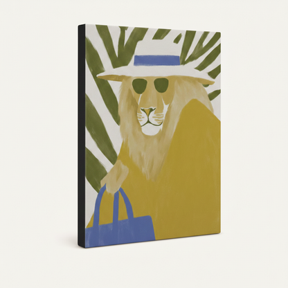 Gallery-wrapped lion canvas side view showing bold flat illustration with palm leaf background