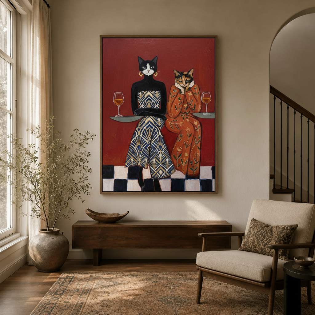 Framed fancy cat canvas wall art displayed above wood console in a warm neutral entryway with arched doorway