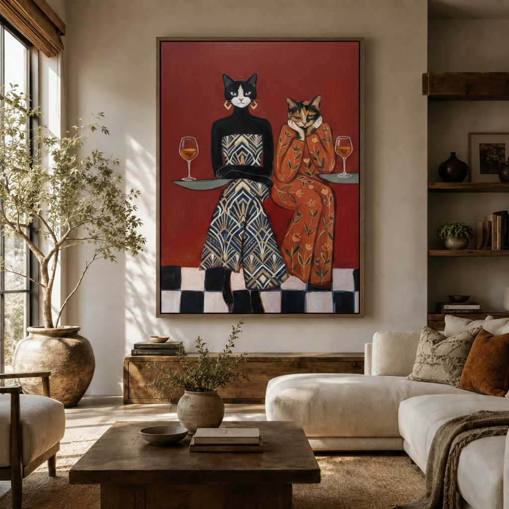 Bold maximalist cat wall art above white sofa in a sunlit boho living room with wood shelves