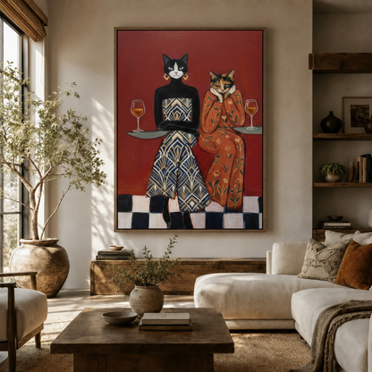 Bold maximalist cat wall art above white sofa in a sunlit boho living room with wood shelves