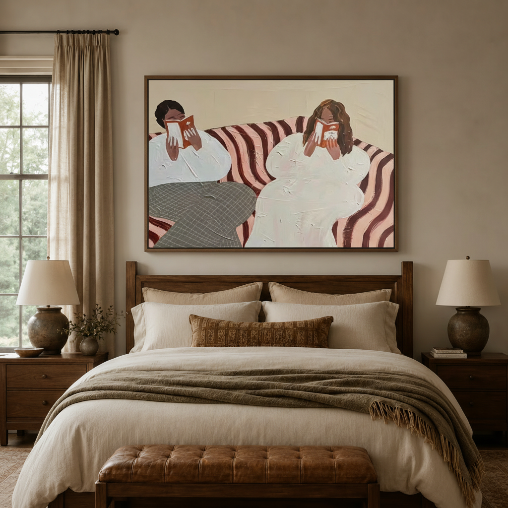 Bold figurative canvas wall art of two women reading displayed above bed in warm neutral bedroom