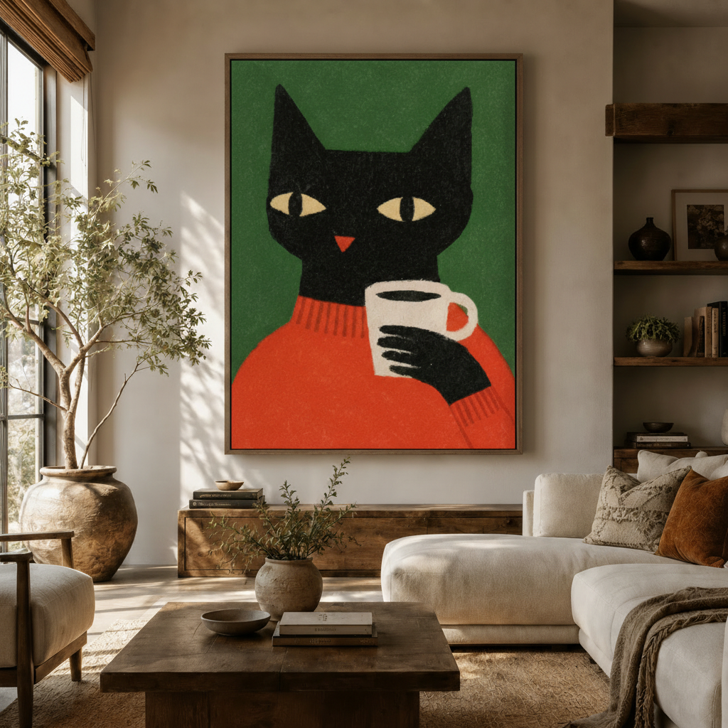 Framed black cat illustration canvas art hanging above wooden sideboard in cozy neutral living room