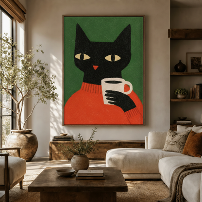 Framed black cat illustration canvas art hanging above wooden sideboard in cozy neutral living room