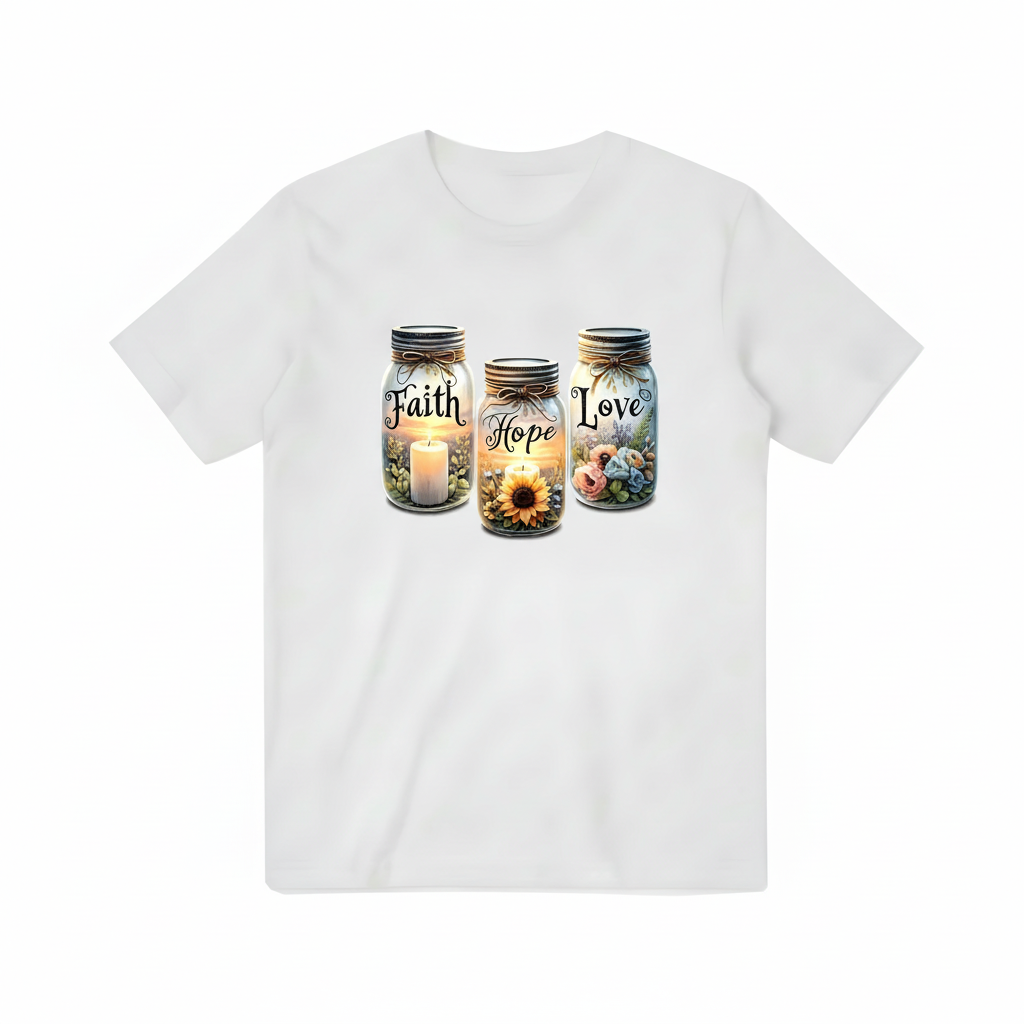 Faith Hope Love Mason Jar Rustic Farmhouse Graphic T-Shirt T3084