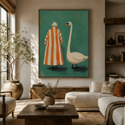 Retro folk-art canvas wall art featuring woman and swan on teal background, living room setting