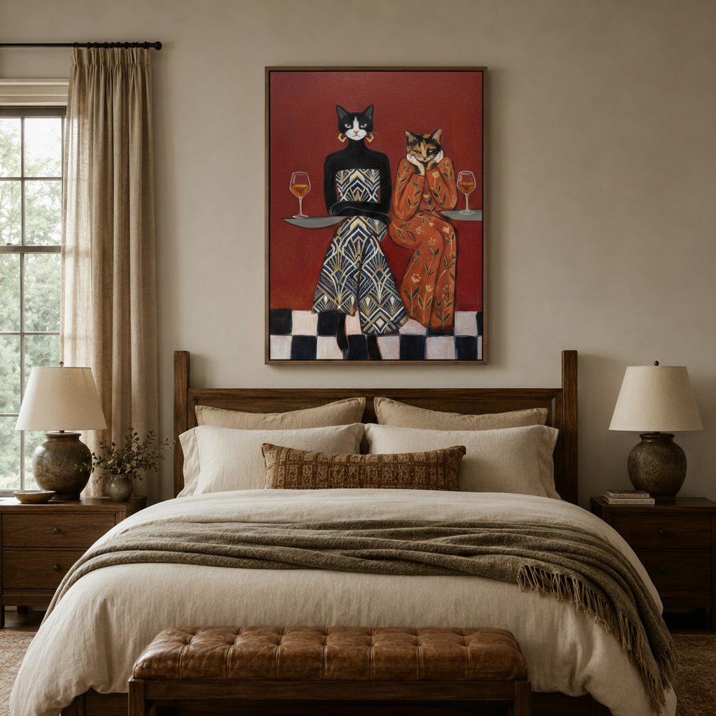 Art Deco cat canvas print above rustic wood bed in a cozy warm-toned bedroom with linen bedding