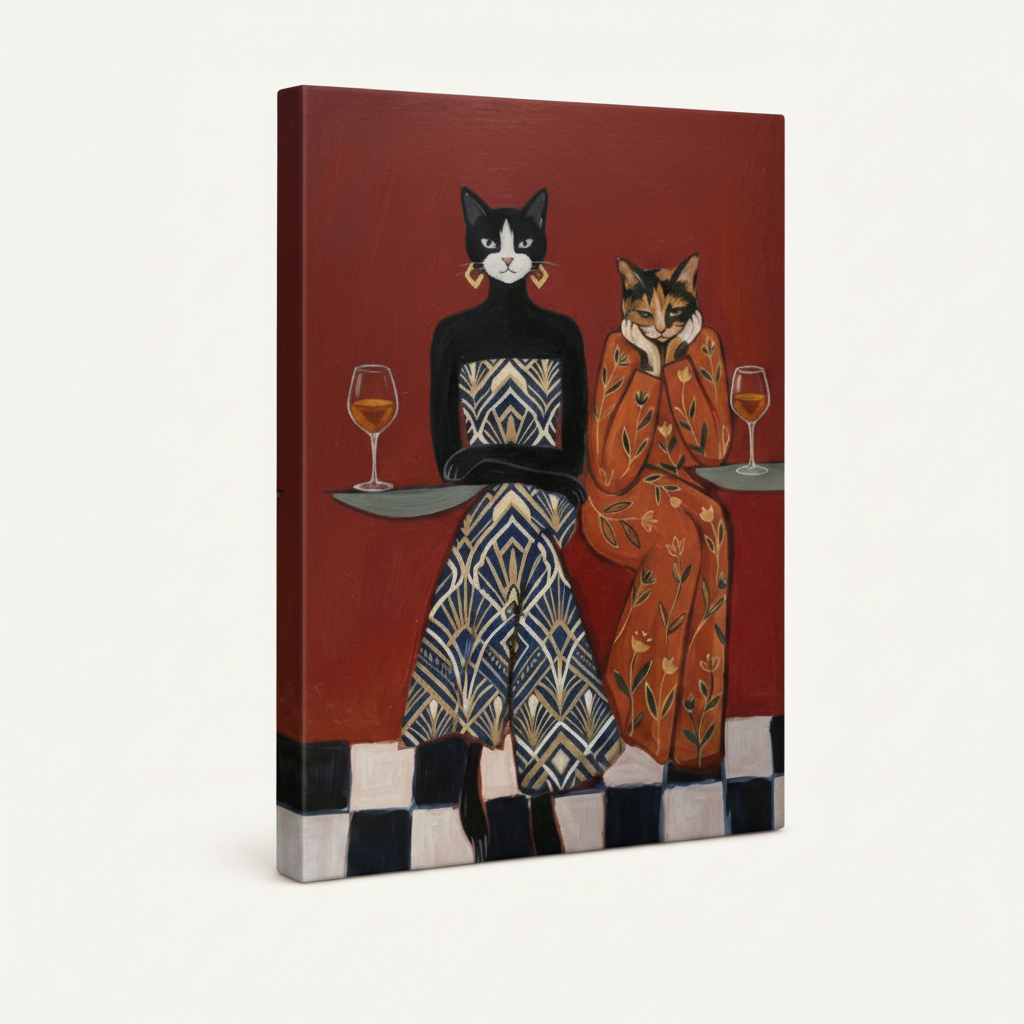 Gallery-wrapped cat canvas side view showing two dressed cats with wine glasses on crimson background