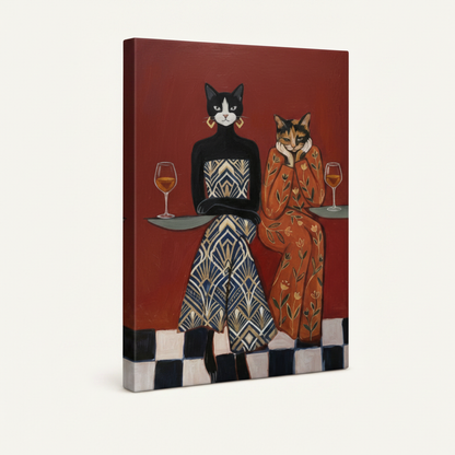 Gallery-wrapped cat canvas side view showing two dressed cats with wine glasses on crimson background