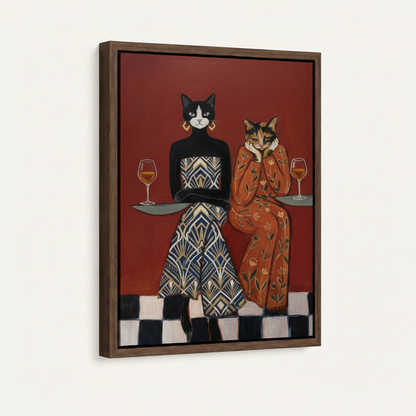 Framed cat canvas wall art angled view showing walnut frame and deep red background with checkerboard floor