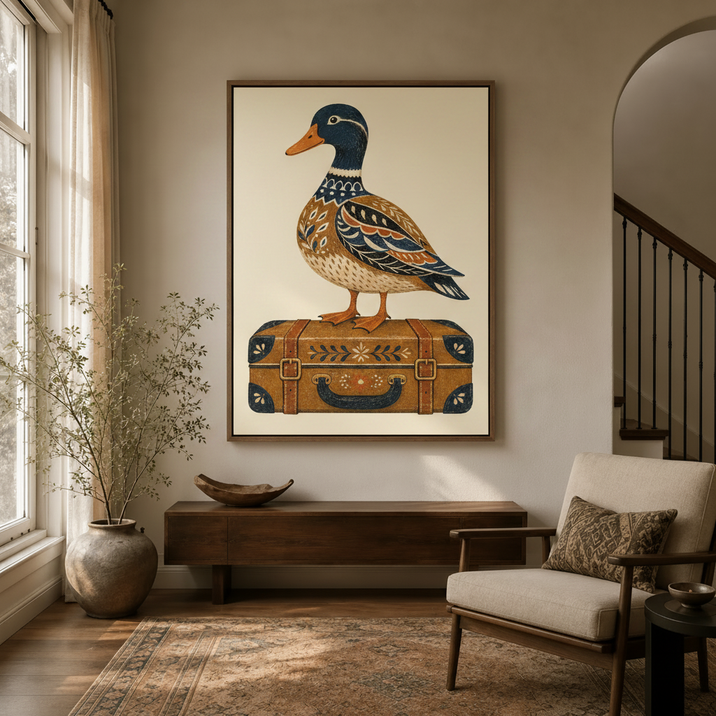 Framed folk art duck canvas wall art displayed above wood console in a warm neutral entryway with arched doorway