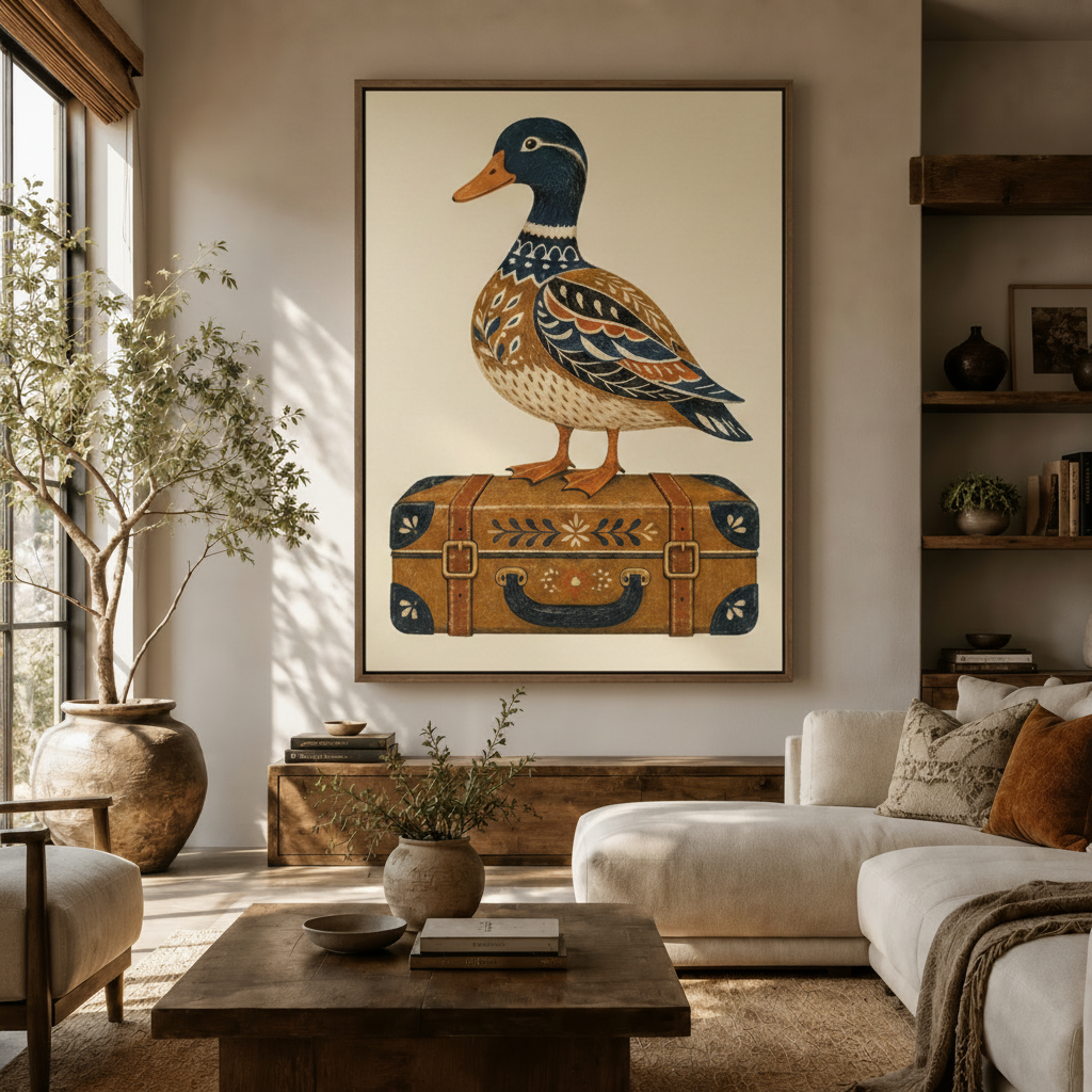 Cottagecore duck on vintage suitcase canvas print above white sofa in a sunlit farmhouse living room