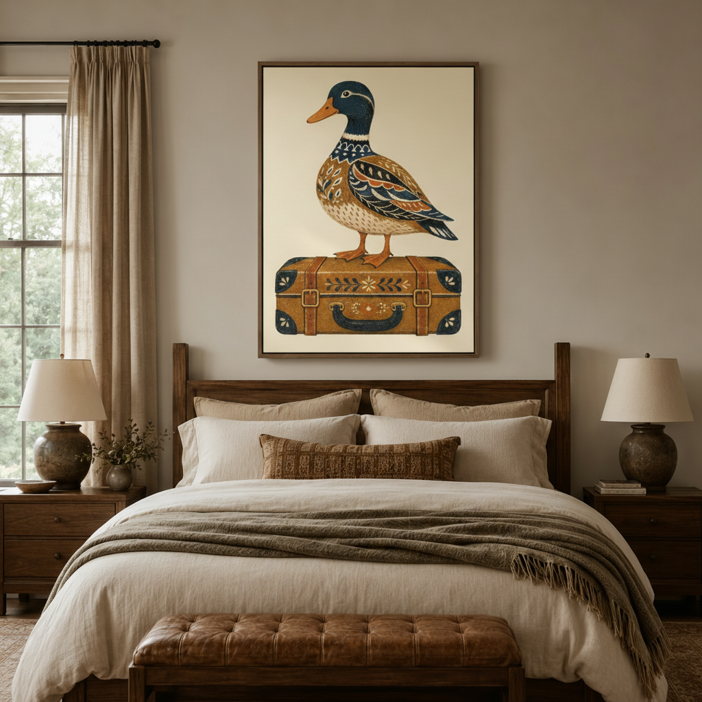 Folk art mallard duck wall art above rustic wood bed in a cozy neutral bedroom with linen bedding