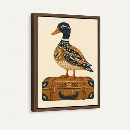 Framed duck canvas print angled view showing walnut wood frame and folk art mallard on amber vintage trunk