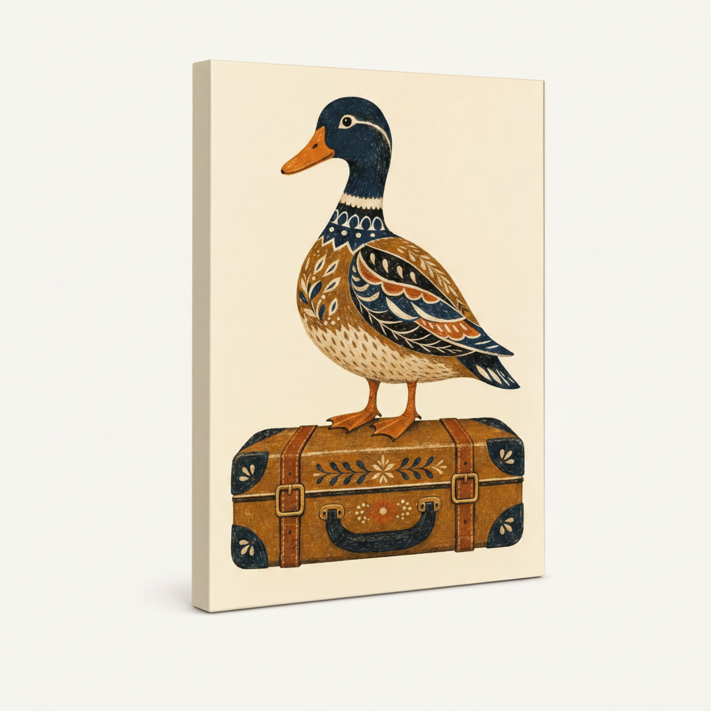 Gallery-wrapped duck canvas side view showing hand-painted mallard standing on floral folk art suitcase