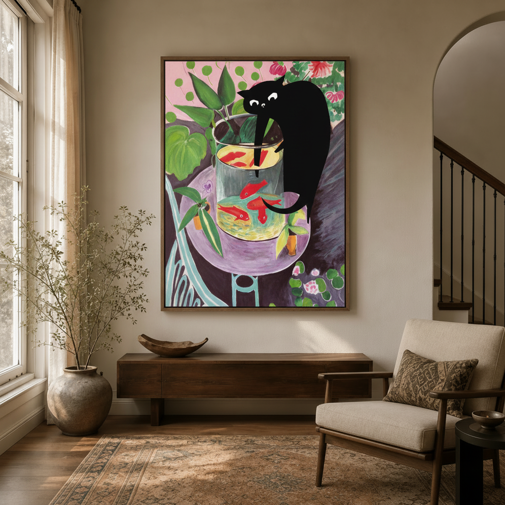 Framed black cat canvas wall art displayed above wood console in a warm neutral entryway with arched doorway