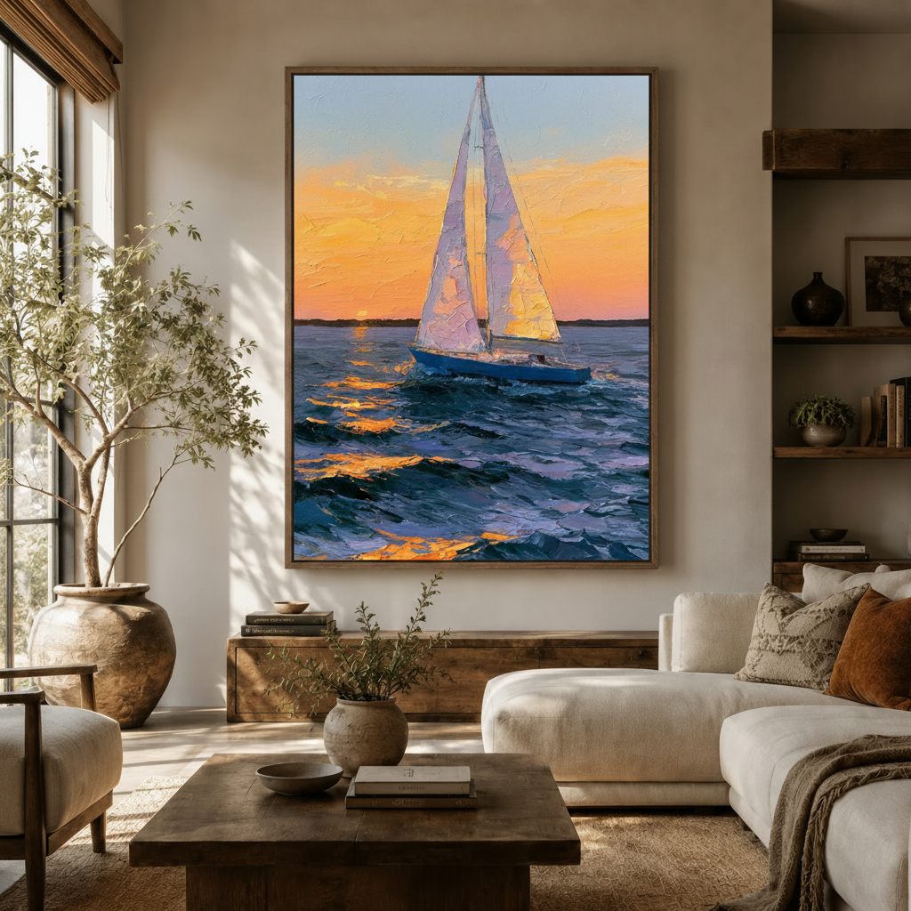 Framed sailboat sunset canvas wall art above wooden sideboard in bright coastal-style living room with neutral sofa