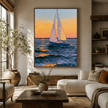 Framed sailboat sunset canvas wall art above wooden sideboard in bright coastal-style living room with neutral sofa