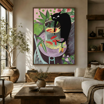 Matisse-inspired black cat and goldfish bowl canvas print above white sofa in a bright boho living room