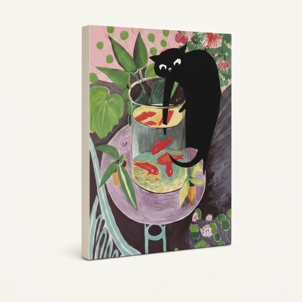 Gallery-wrapped black cat canvas side view showing curious cat draped over glass goldfish bowl with lush botanicals