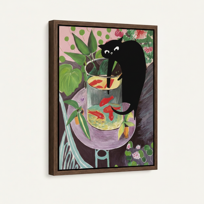 Framed black cat canvas print angled view showing walnut frame and pink background with tropical leaves and red goldfish