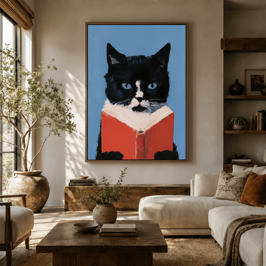 Bold funny cat reading canvas print displayed in a bright boho living room above white sofa