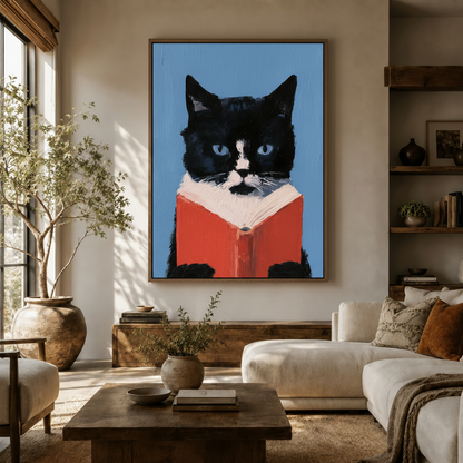 Bold funny cat reading canvas print displayed in a bright boho living room above white sofa