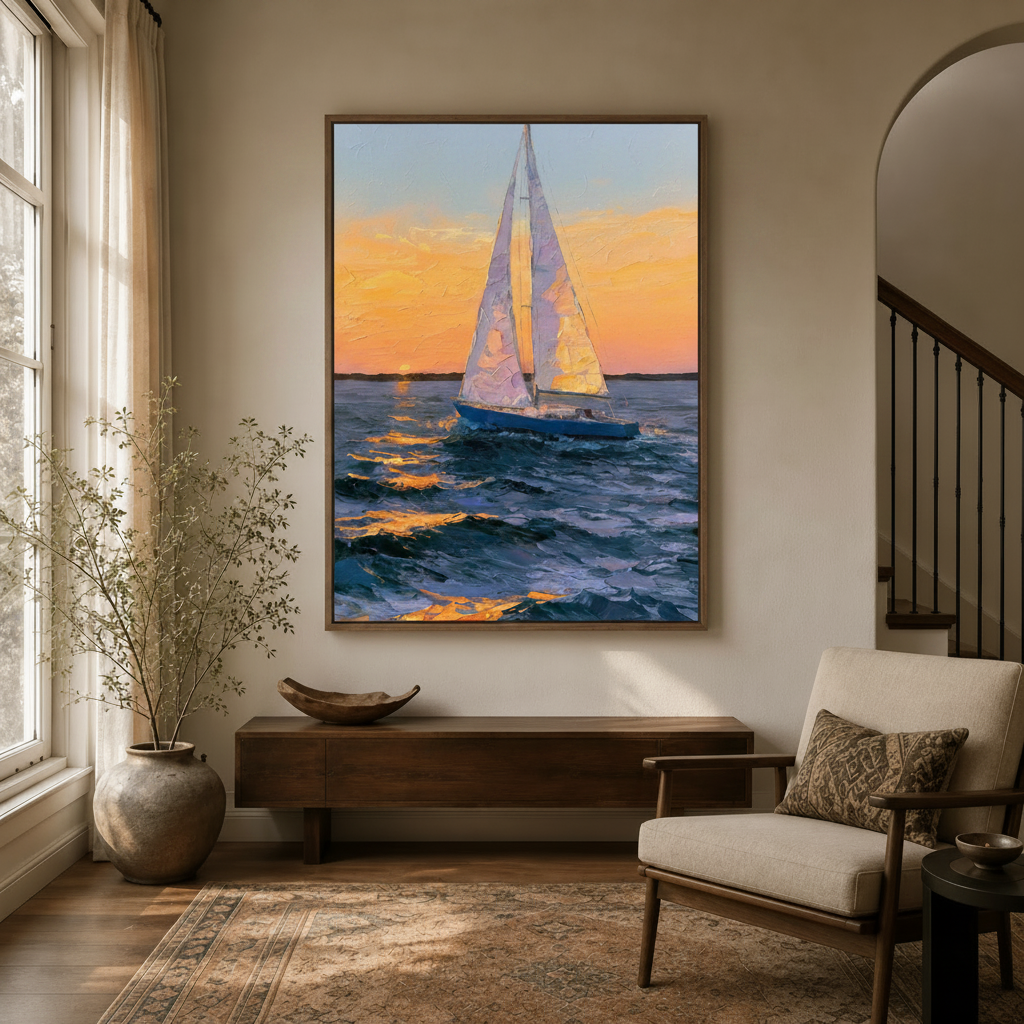 Framed sailboat sunset canvas wall art displayed above wooden console in warm neutral entryway with arched doorway