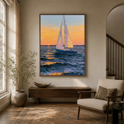 Framed sailboat sunset canvas wall art displayed above wooden console in warm neutral entryway with arched doorway
